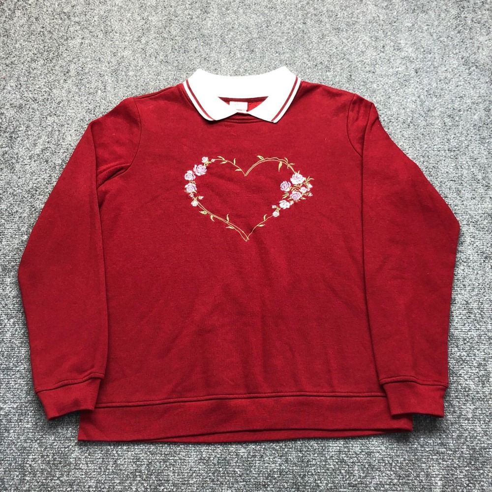 Adrian Delafield Red Floral Heart Embroidered Sweatshirt White Polo Collar M